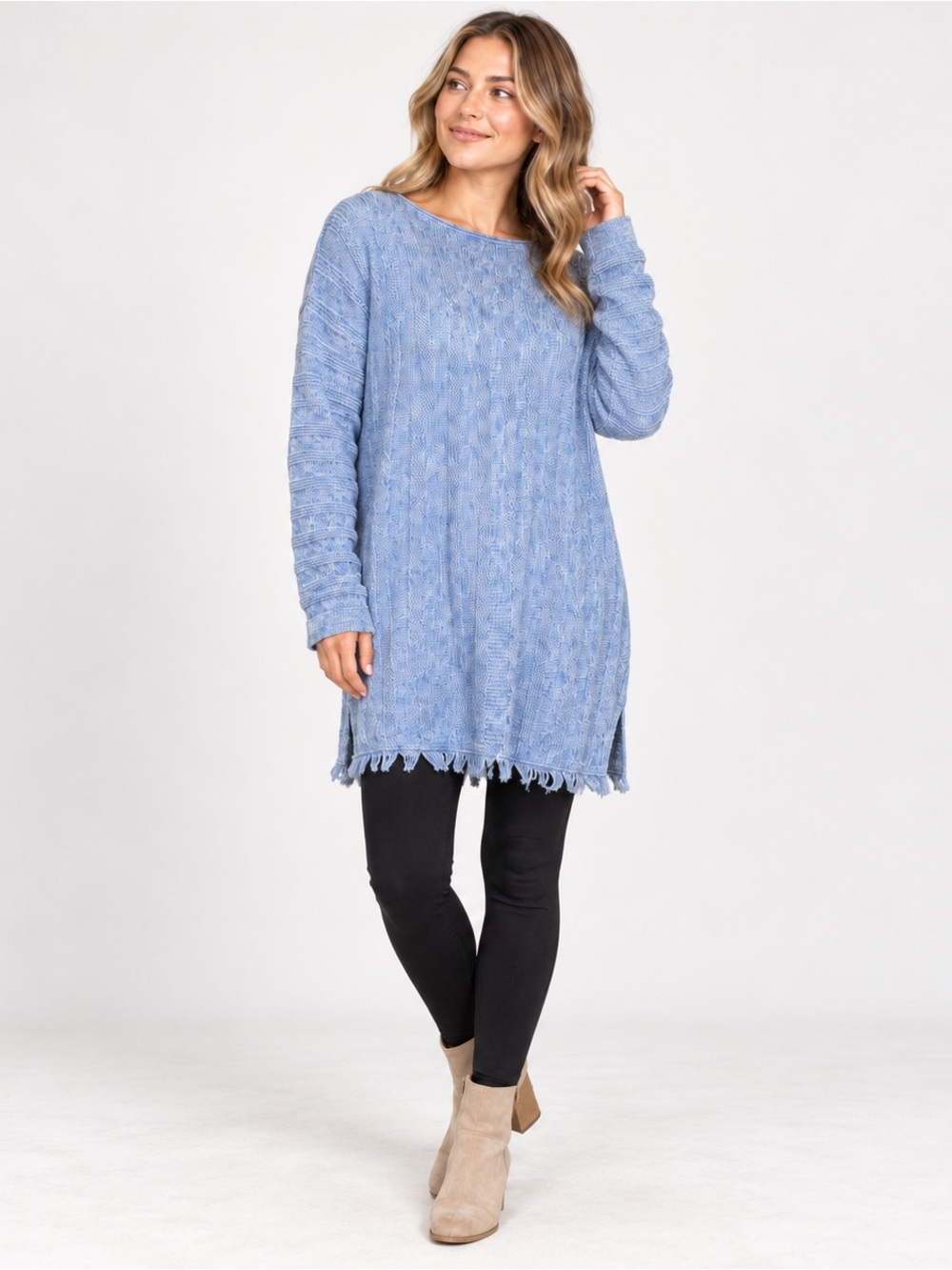 Ribbed knit button back sweater dress tunic long sleeve frayed hem Lagenlook